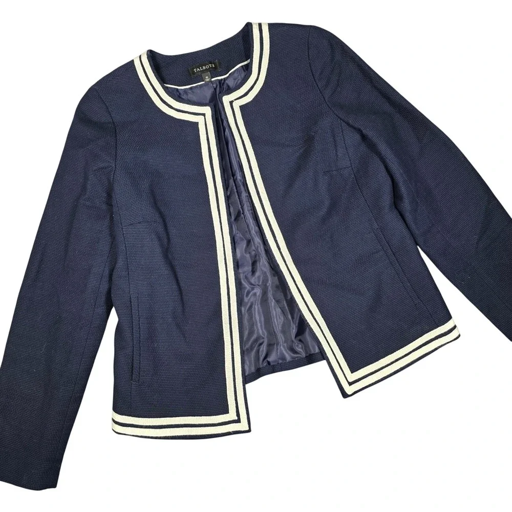 Talbots Jacket Blazer Navy Blue White Textured Cotton 10 Nautical Preppy Classic